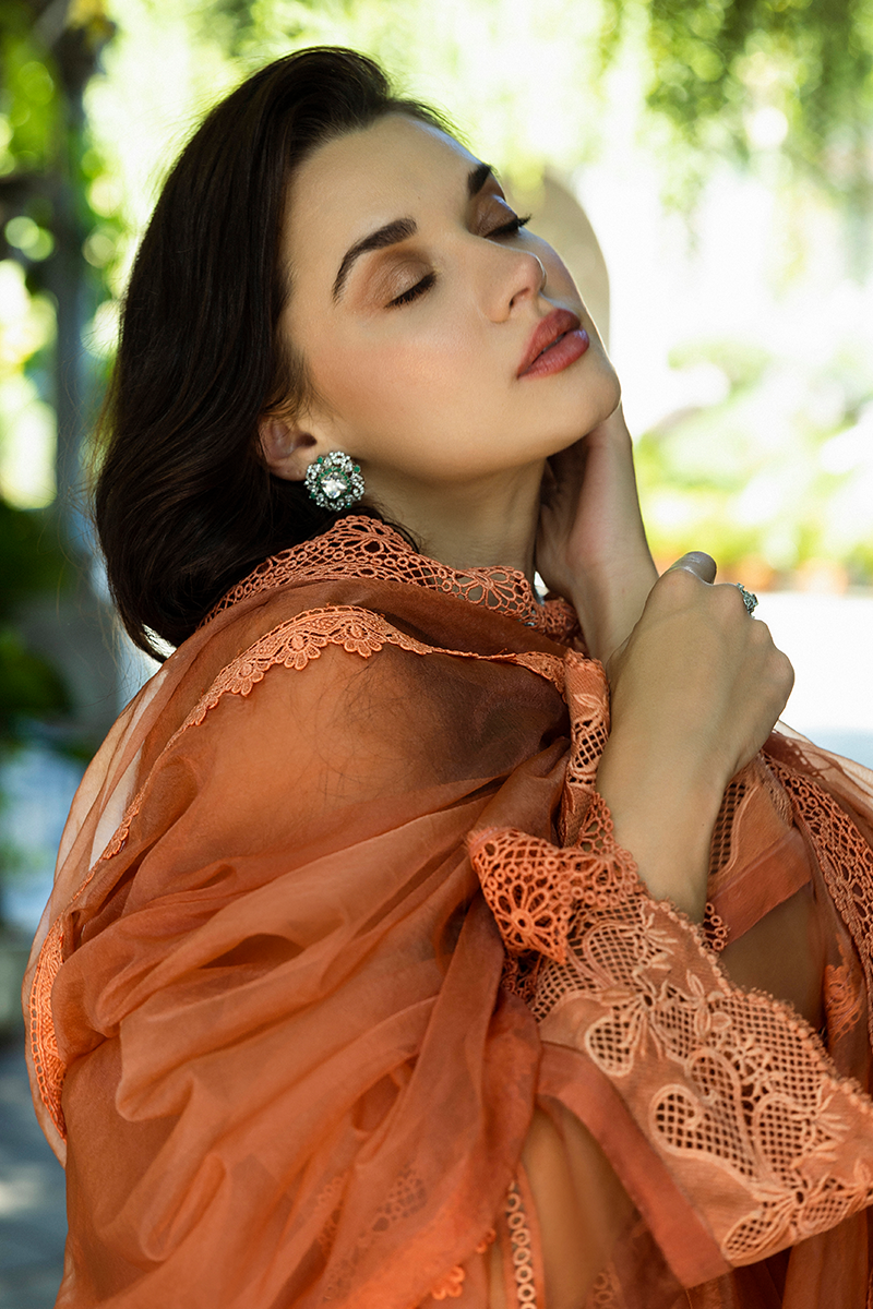 Pakistani Coral Embroidered Organza Salwar Kameez (3-Piece) - Image 22