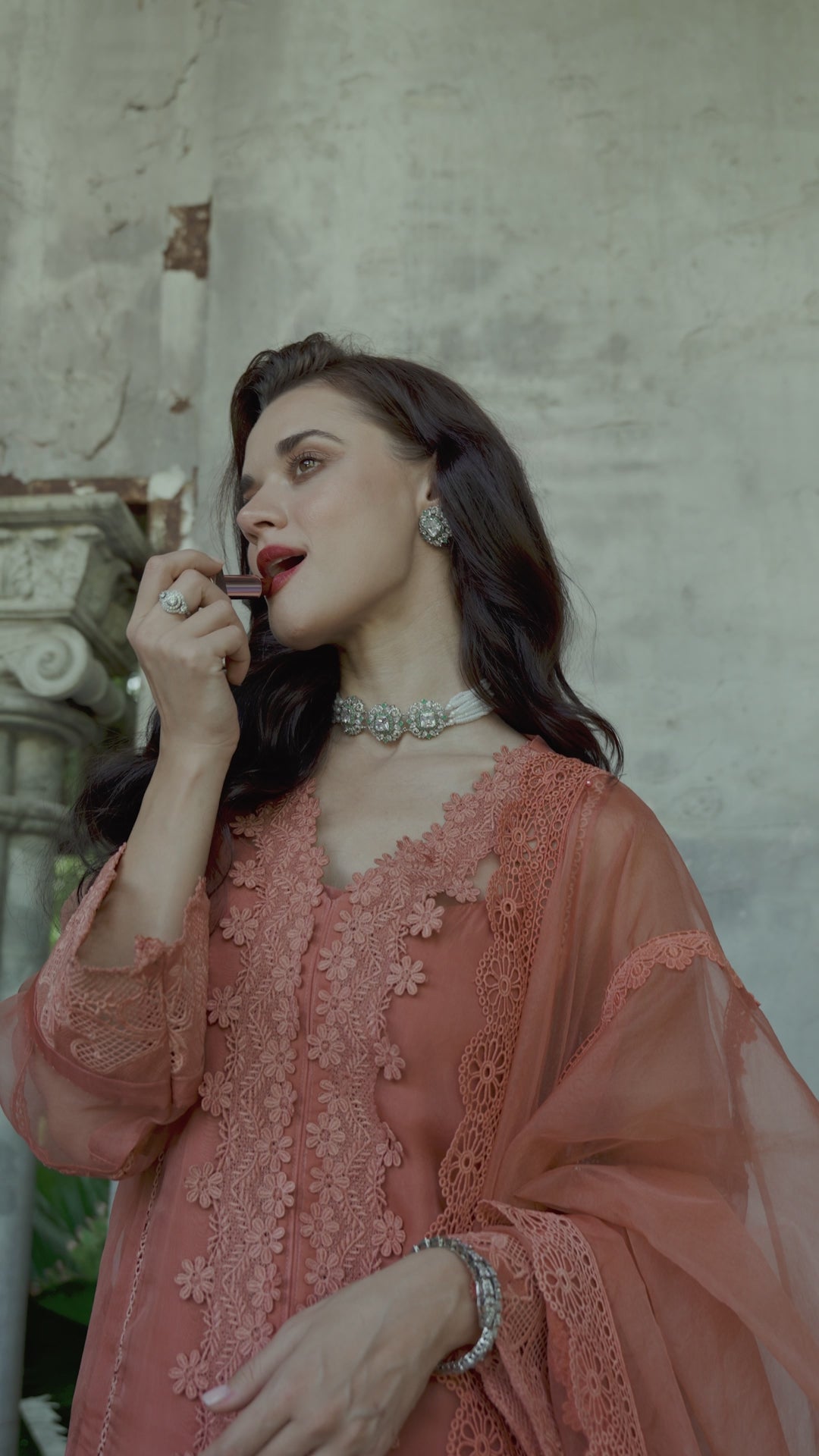 Pakistani Coral Embroidered Organza Salwar Kameez (3-Piece) - Image 23