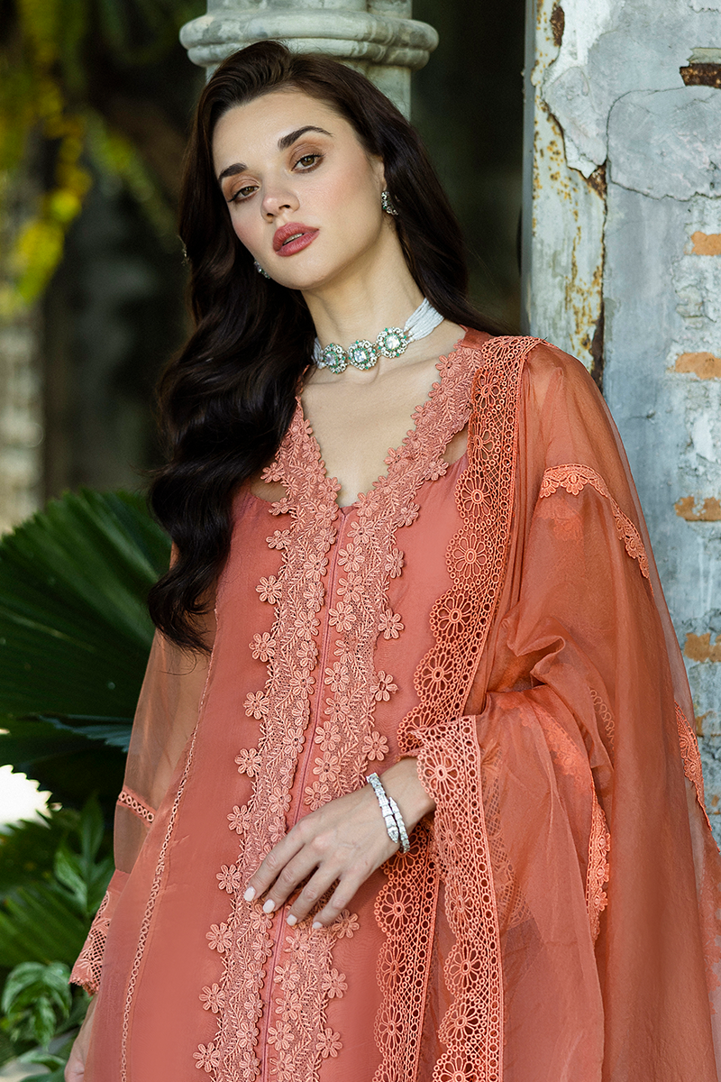 Pakistani Coral Embroidered Organza Salwar Kameez (3-Piece) - Image 4