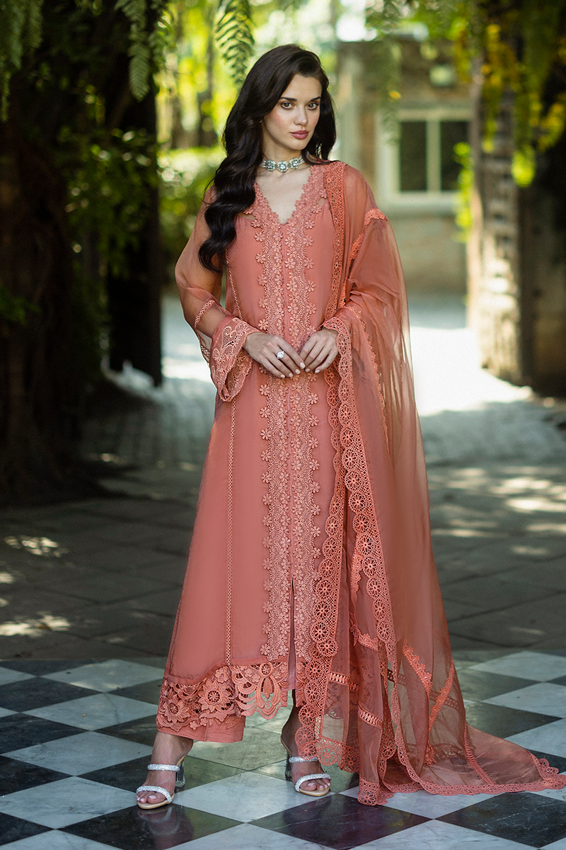 Pakistani Coral Embroidered Organza Salwar Kameez (3-Piece) - Image 5