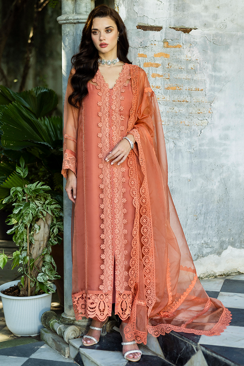 Pakistani Coral Embroidered Organza Salwar Kameez (3-Piece) - Image 7
