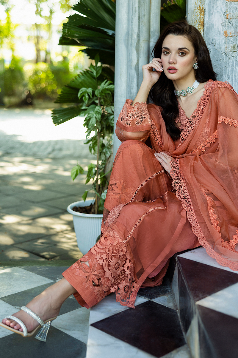 Pakistani Coral Embroidered Organza Salwar Kameez (3-Piece) - Image 8