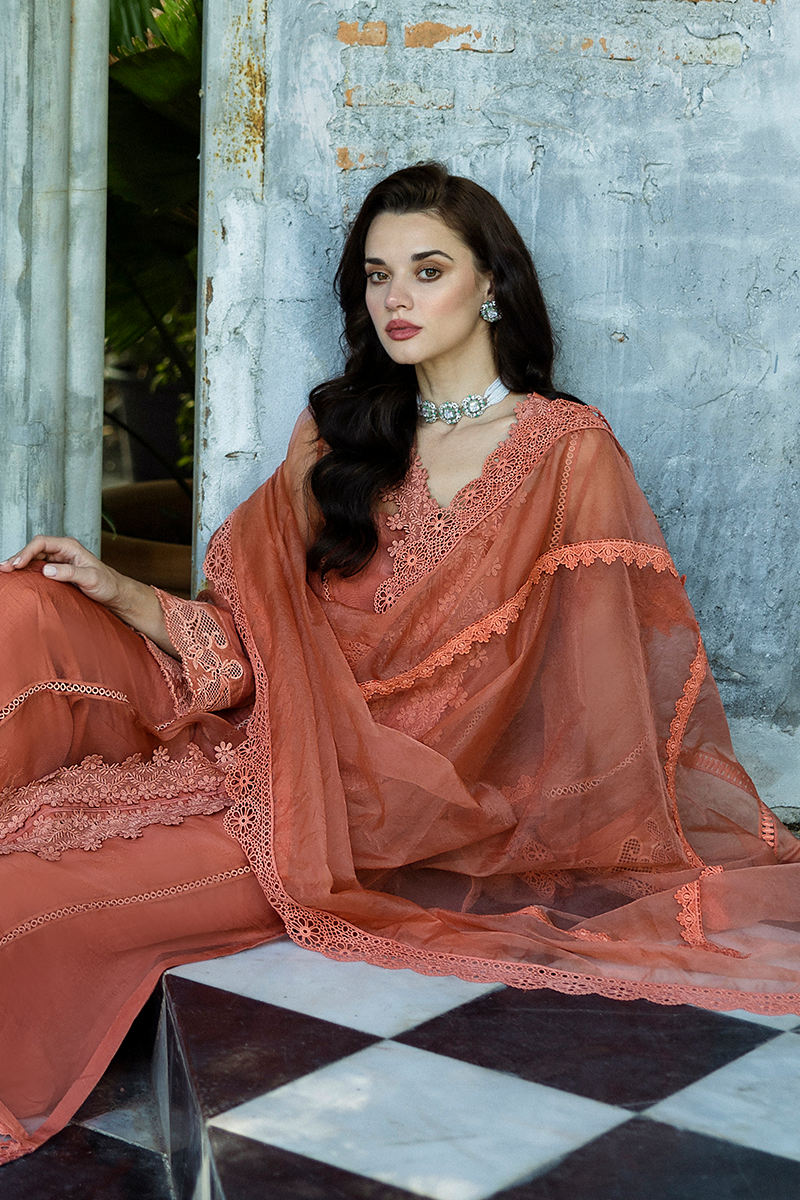 Pakistani Coral Embroidered Organza Salwar Kameez (3-Piece) - Image 9