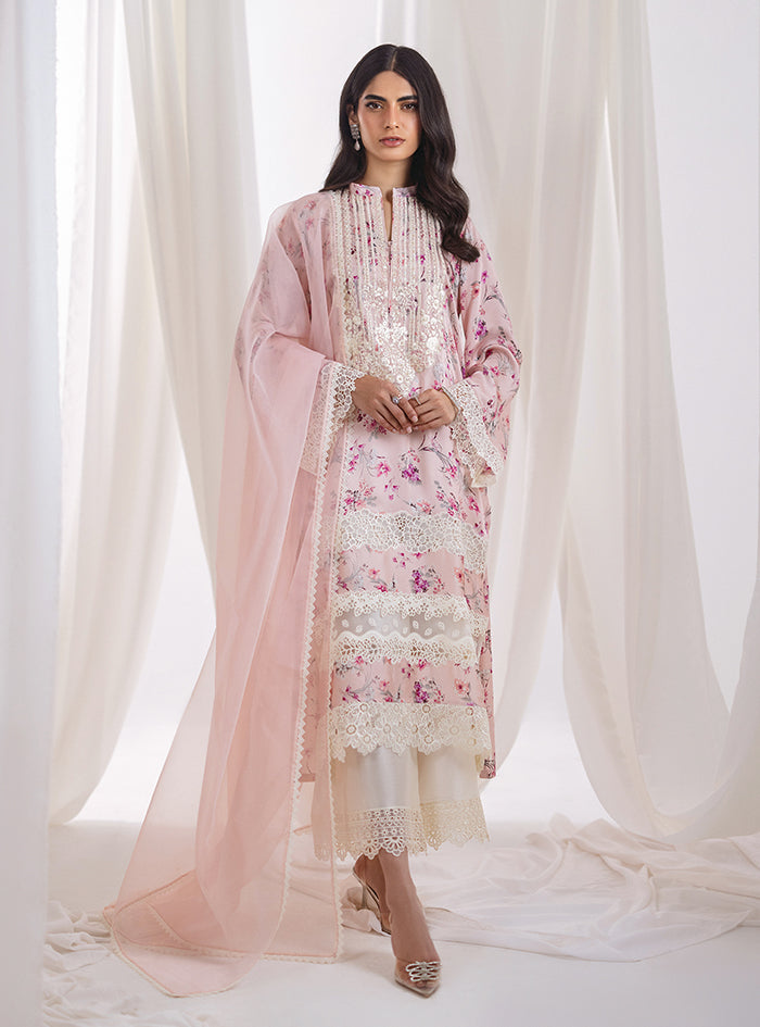 Pakistani Powder Pink Lace Embroidered Floral Suit (3-Piece) - Image 1