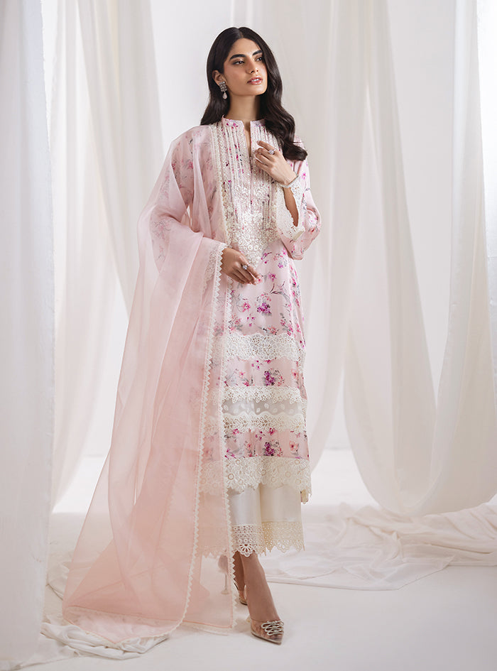 Pakistani Powder Pink Lace Embroidered Floral Suit (3-Piece) - Image 3