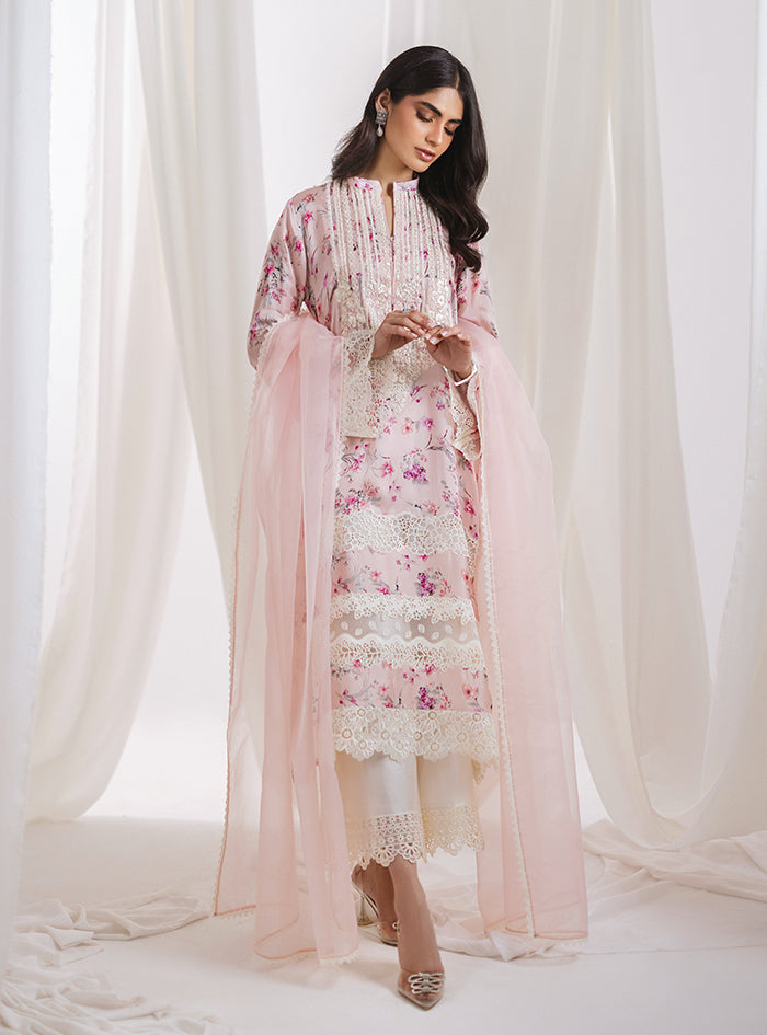 Pakistani Powder Pink Lace Embroidered Floral Suit (3-Piece) - Image 6