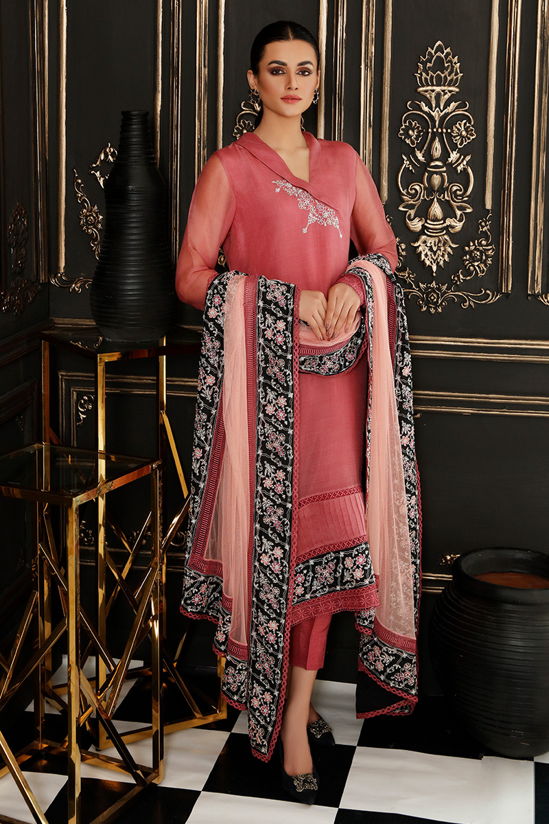 Melon Embroidered Organza Salwar Kameez (3-Piece) - Image 1