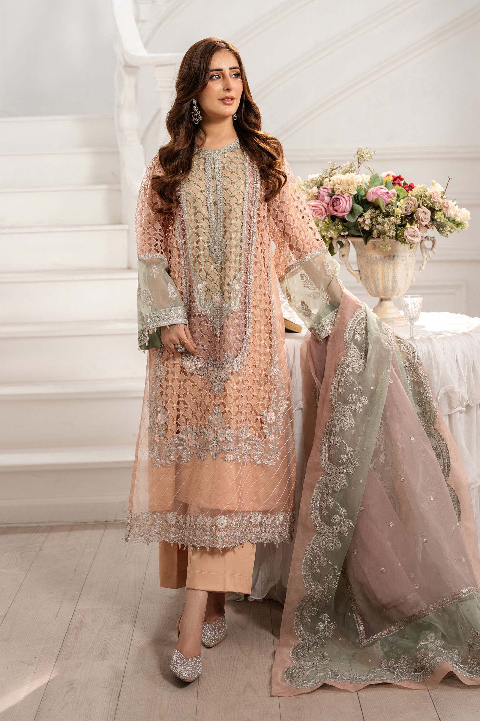 Pakistani Peach Embroidered Organza 3-Piece Suit - Image 1