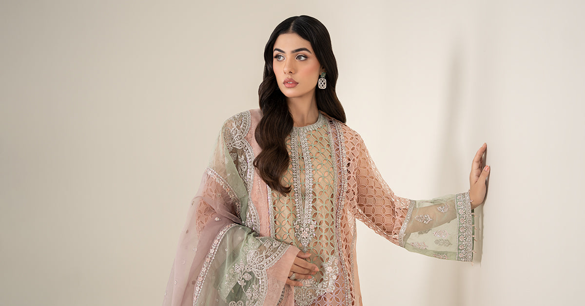 Pakistani Peach Embroidered Organza 3-Piece Suit - Image 11