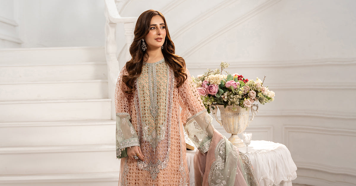 Pakistani Peach Embroidered Organza 3-Piece Suit - Image 12