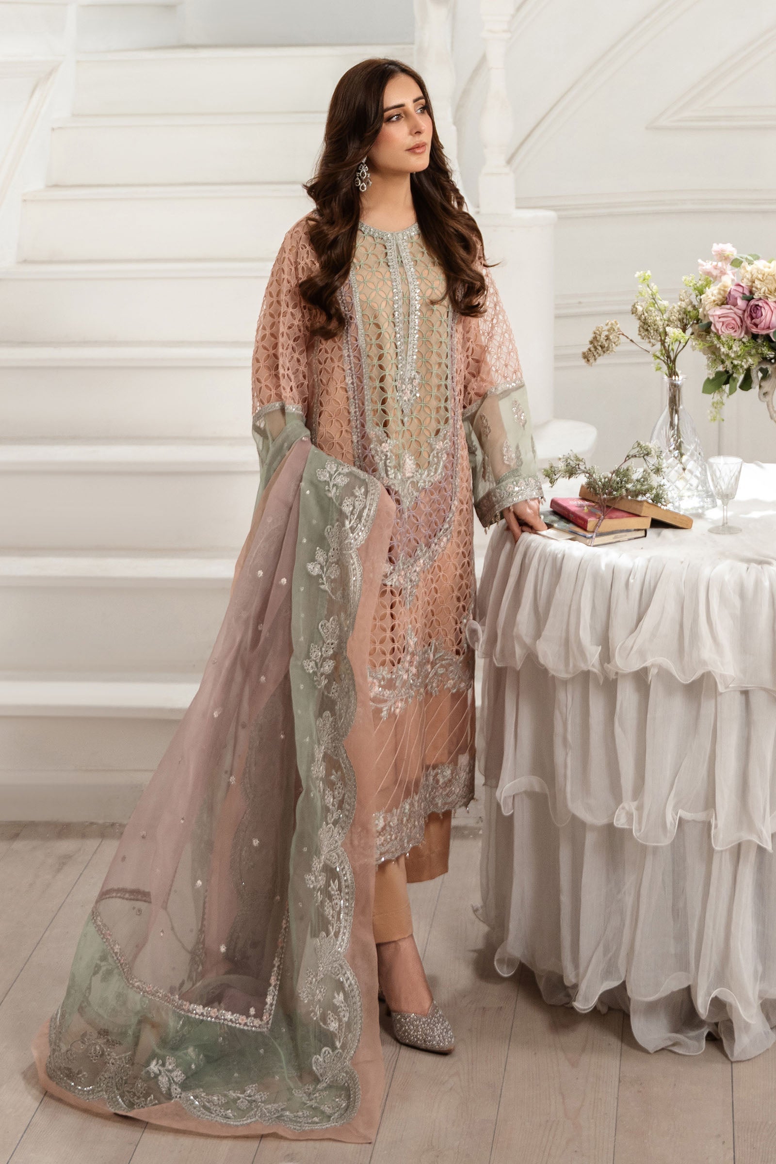 Pakistani Peach Embroidered Organza 3-Piece Suit - Image 3