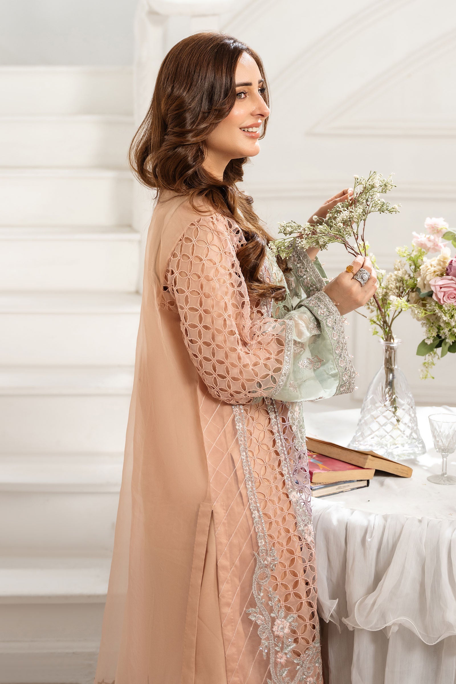 Pakistani Peach Embroidered Organza 3-Piece Suit - Image 4