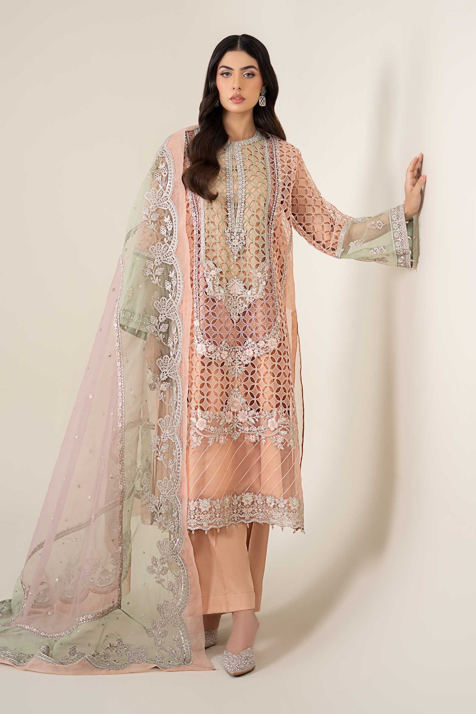Pakistani Peach Embroidered Organza 3-Piece Suit - Image 6
