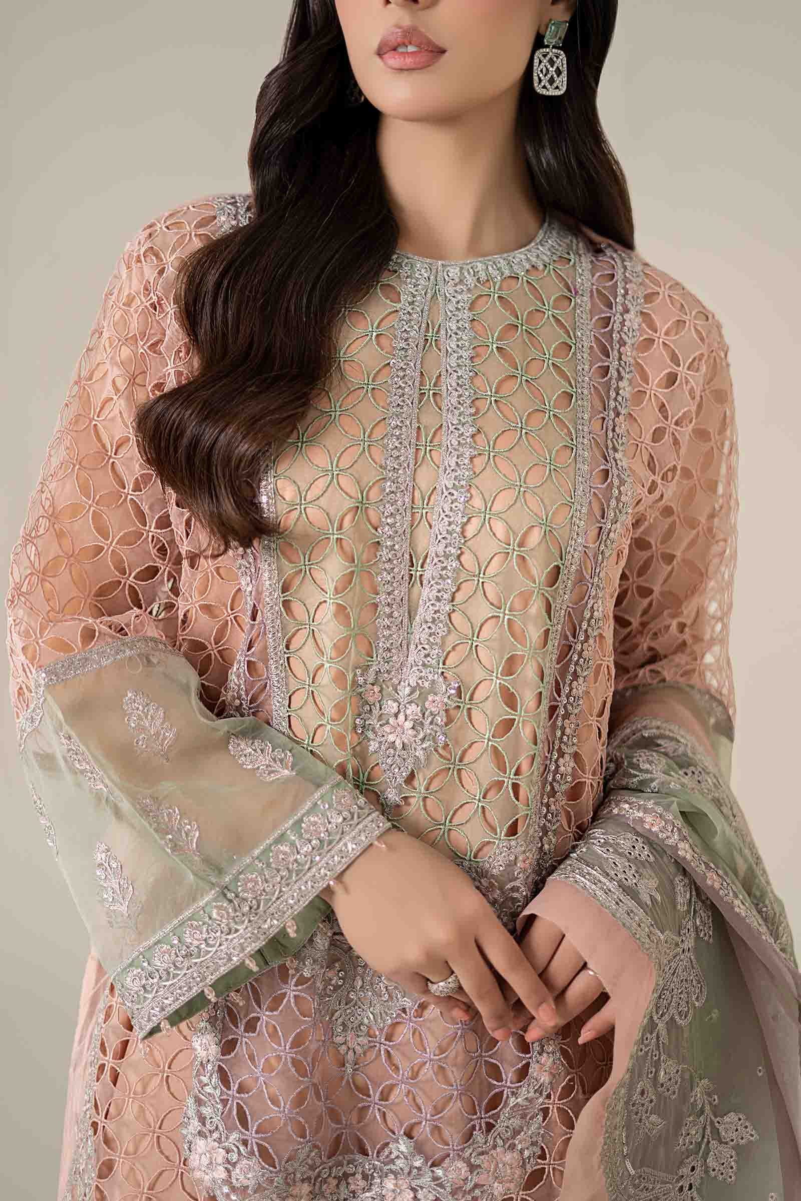 Pakistani Peach Embroidered Organza 3-Piece Suit - Image 7
