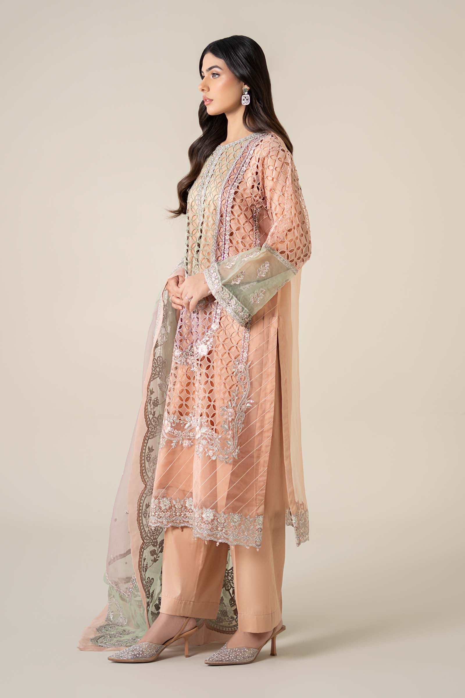 Pakistani Peach Embroidered Organza 3-Piece Suit - Image 8