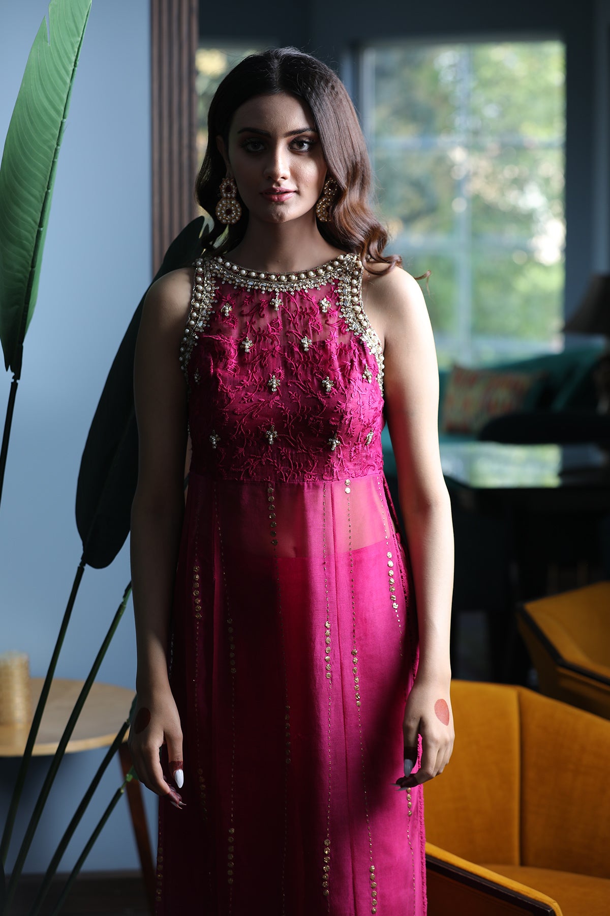 Pakistani Fuchsia Mukesh Organza Gown with Silk Culottes (2-Piece) - Image 1