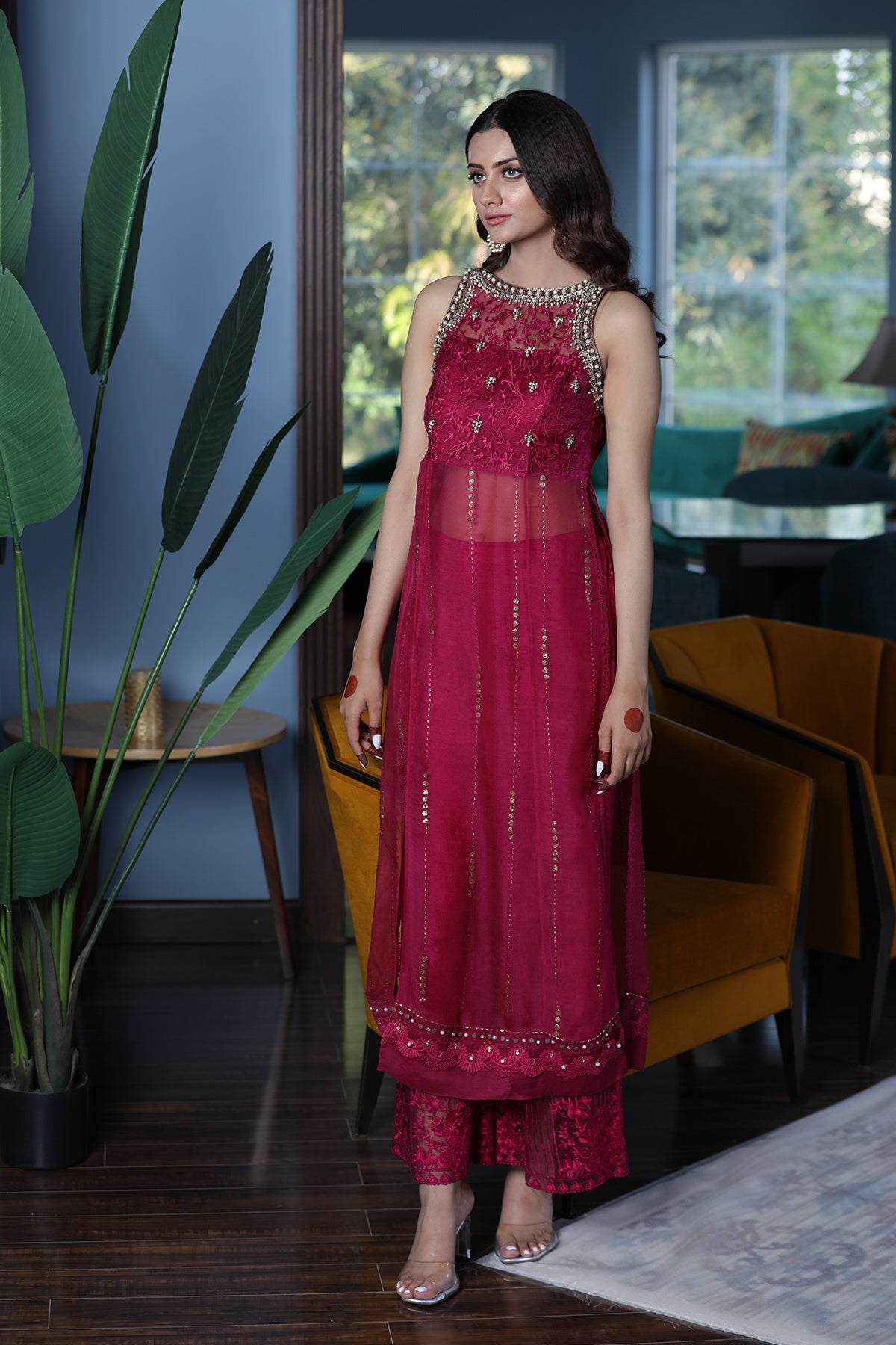 Pakistani Fuchsia Mukesh Organza Gown with Silk Culottes (2-Piece) - Image 2