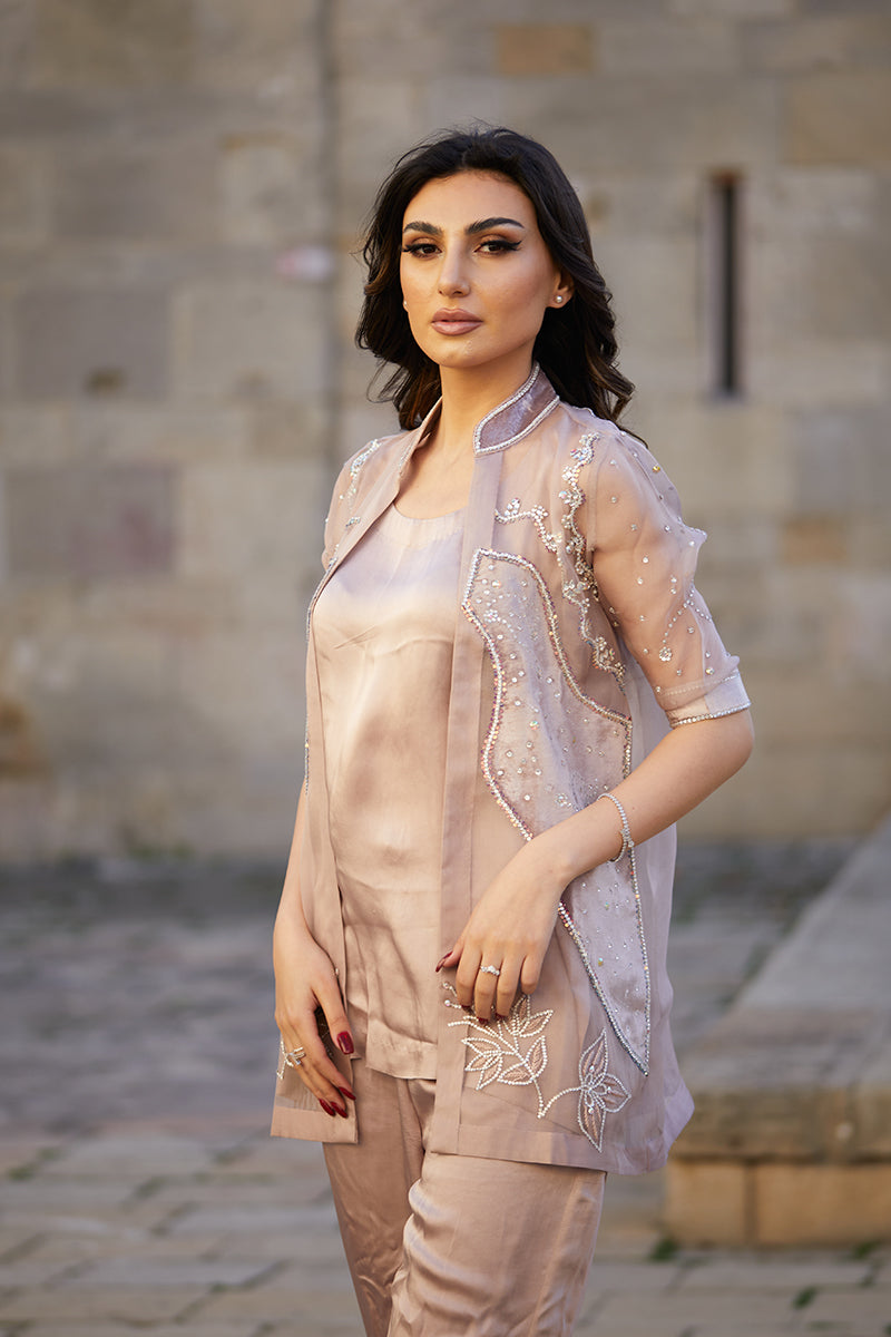 Powder Pink Swarovski Organza Silk Jacket Set (3-Piece) - Image 3