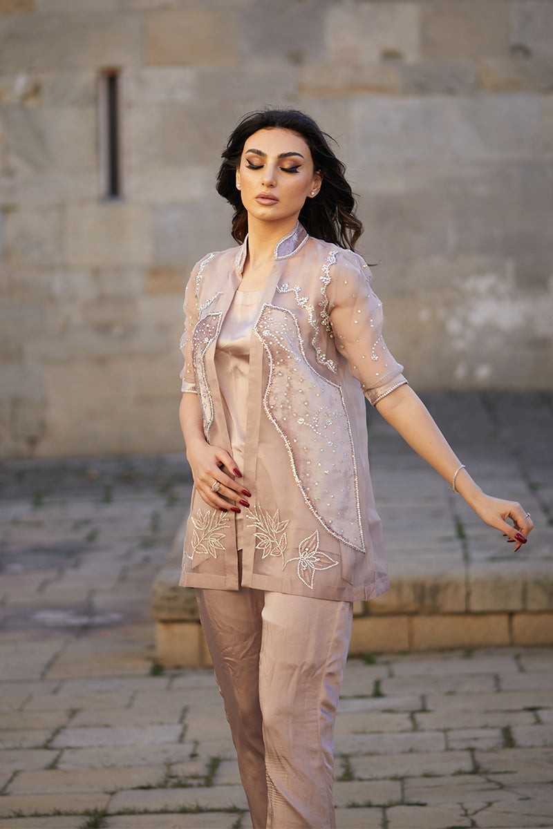 Powder Pink Swarovski Organza Silk Jacket Set (3-Piece) - Image 6