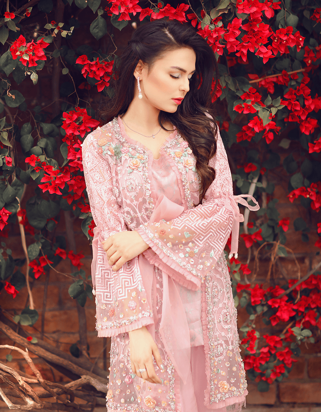 Pakistani Blush Pink Embroidered Organza Shirt with Raw Silk Trouser (2-Piece) - Image 1