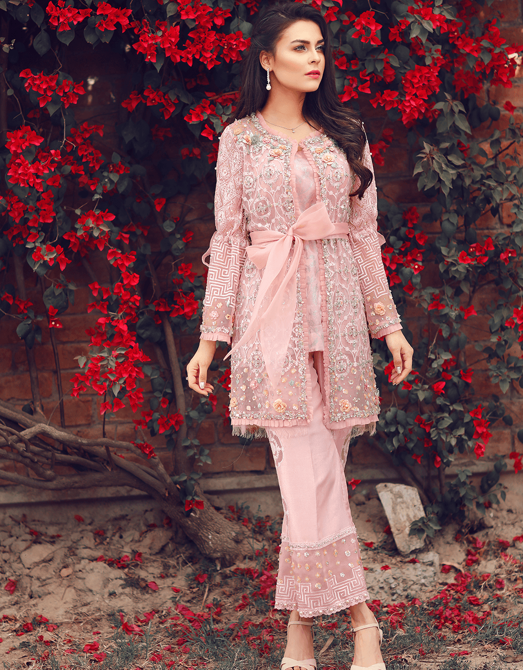 Pakistani Blush Pink Embroidered Organza Shirt with Raw Silk Trouser (2-Piece) - Image 2