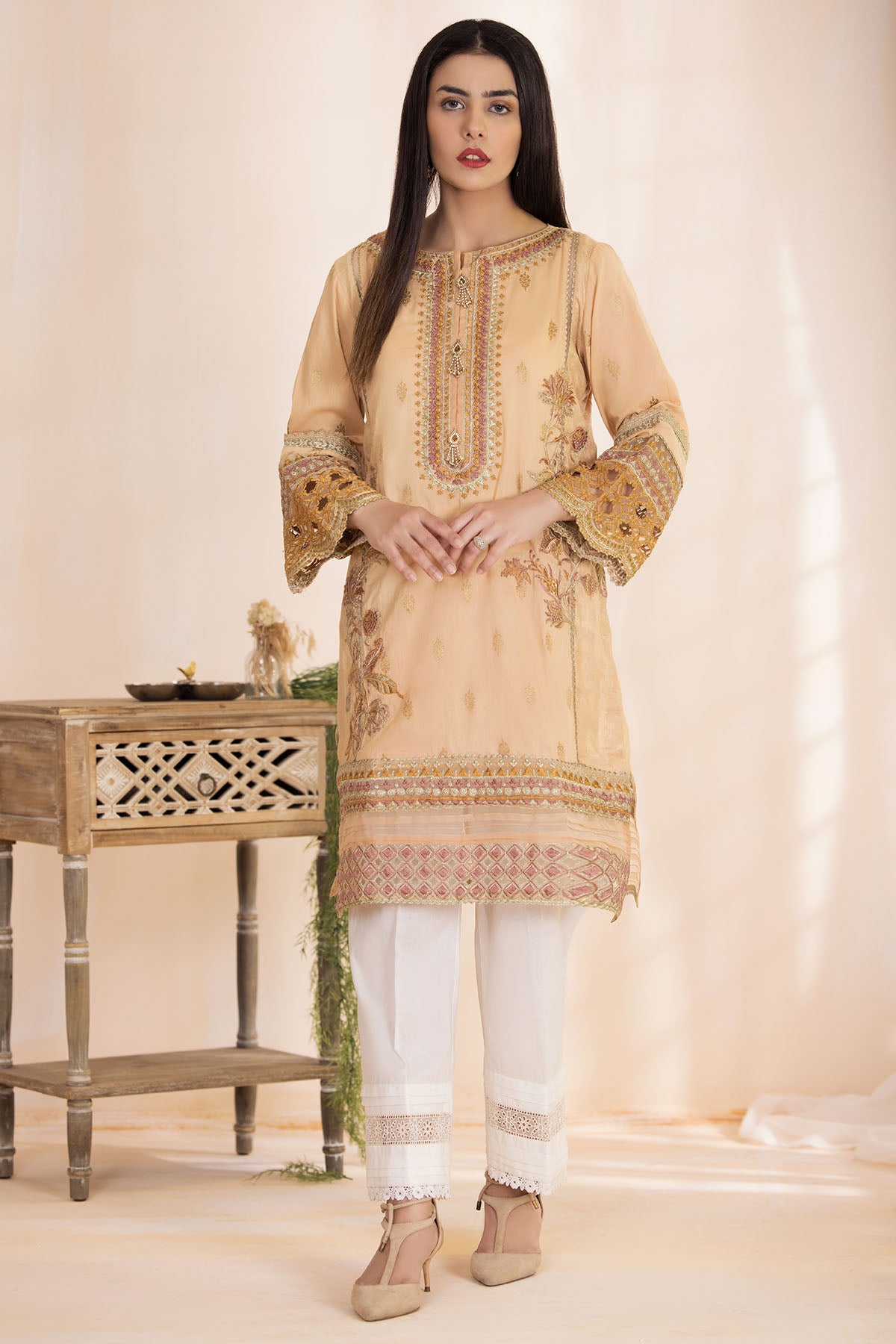 Peach Embroidered Organza Straight Shirt (2-Piece) - Image 1