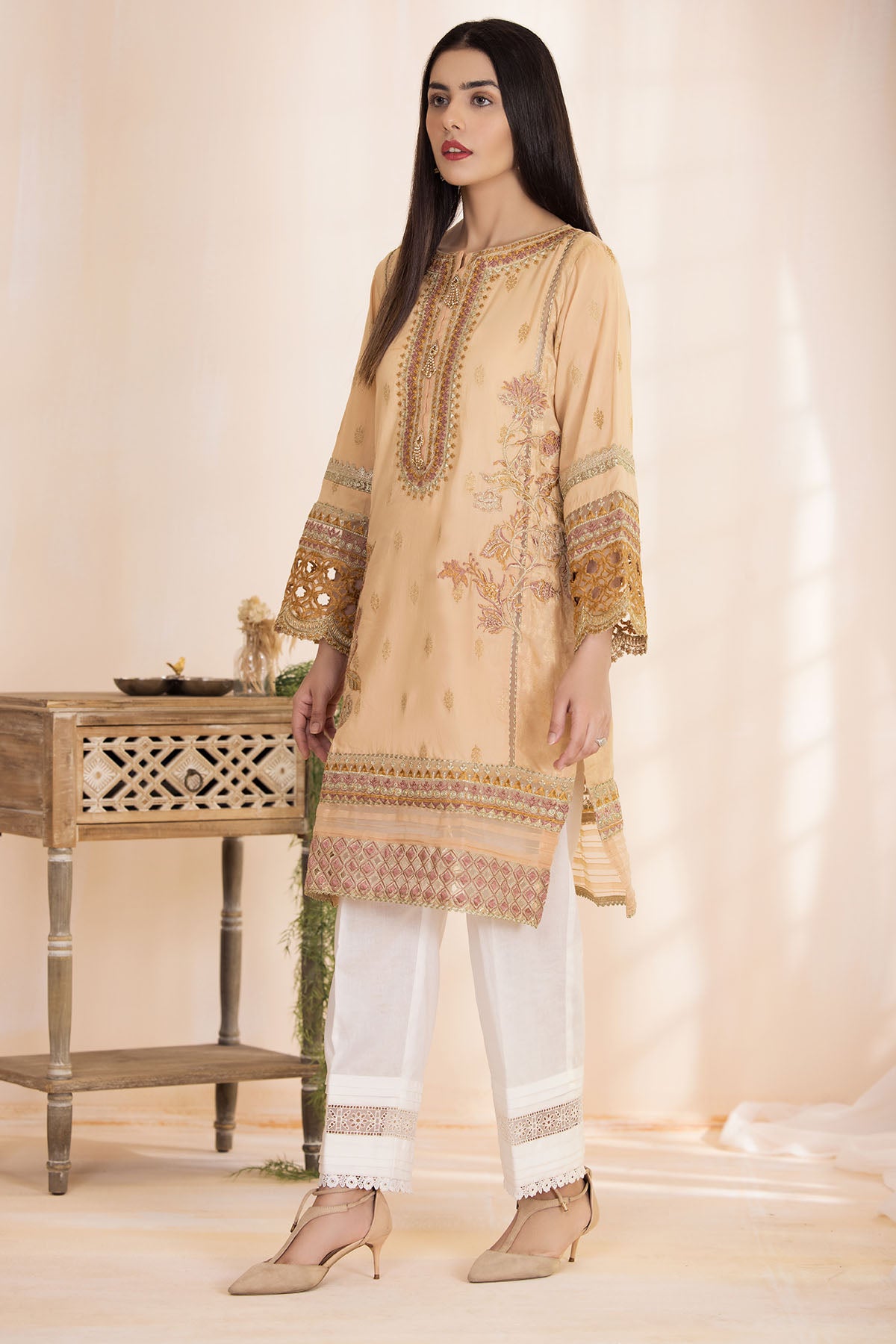 Peach Embroidered Organza Straight Shirt (2-Piece) - Image 2