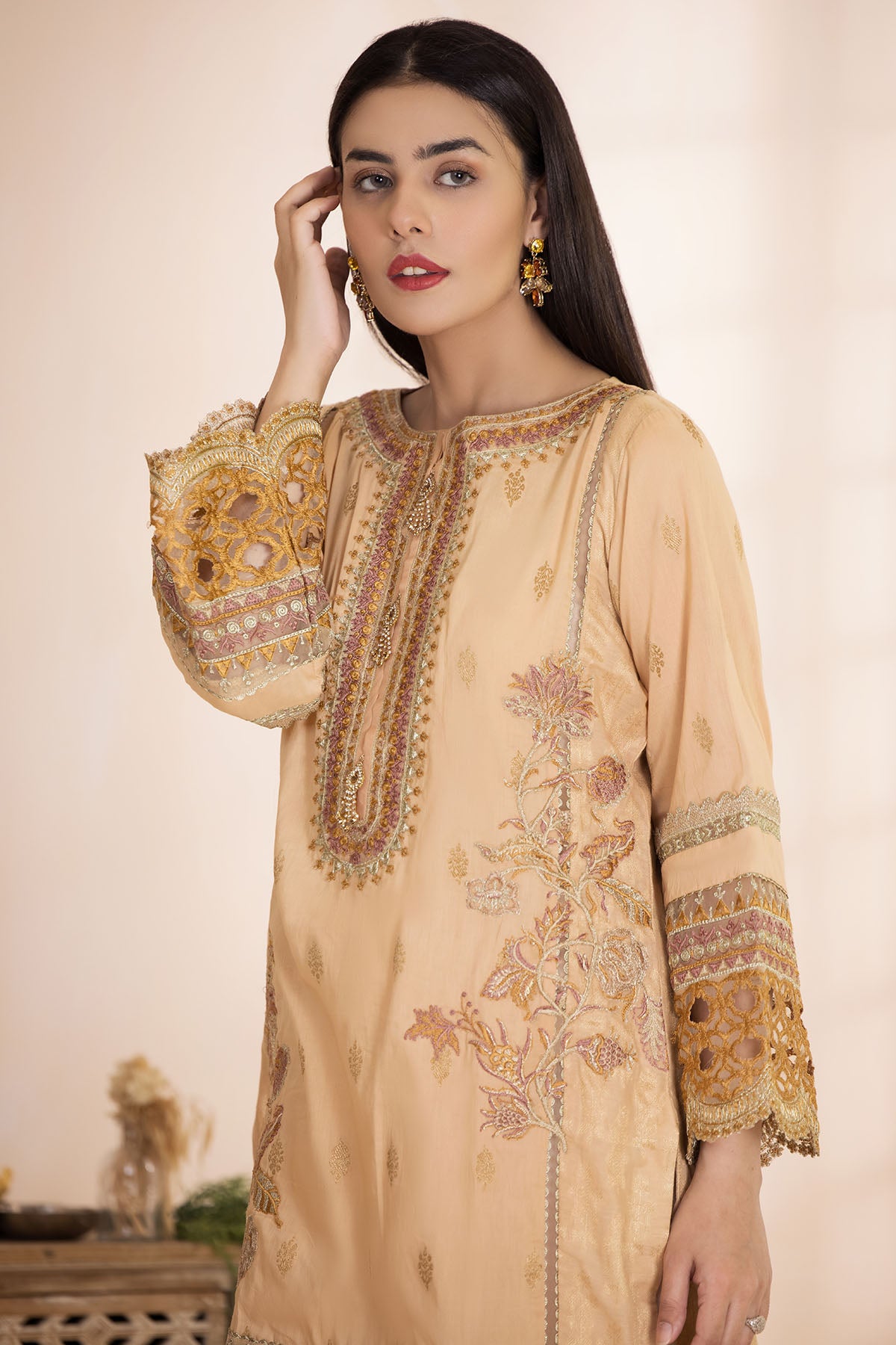 Peach Embroidered Organza Straight Shirt (2-Piece) - Image 3