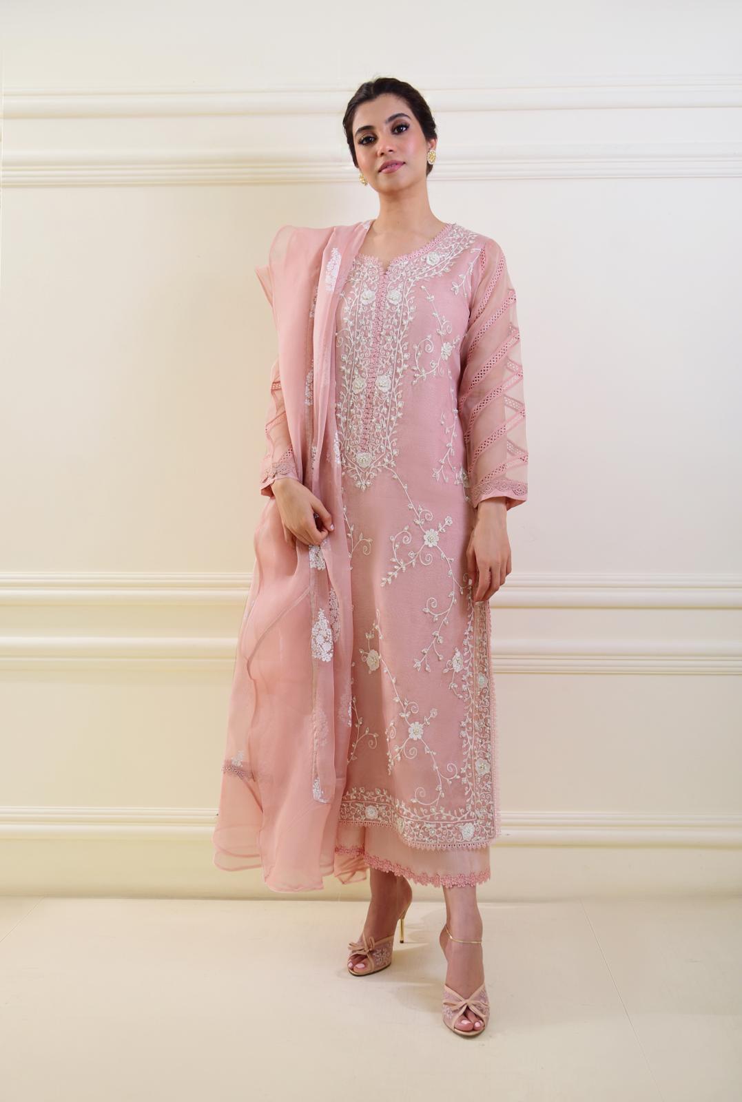 Pakistani Tea Pink Embroidered Pure Organza 3-Piece Suit - Image 1
