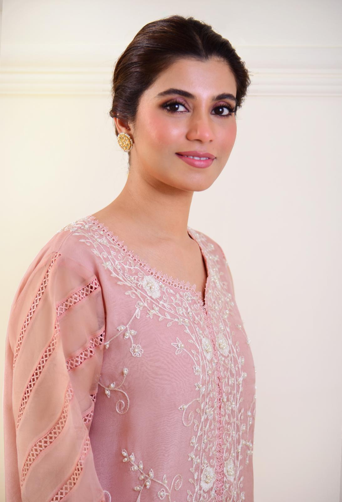 Pakistani Tea Pink Embroidered Pure Organza 3-Piece Suit - Image 2
