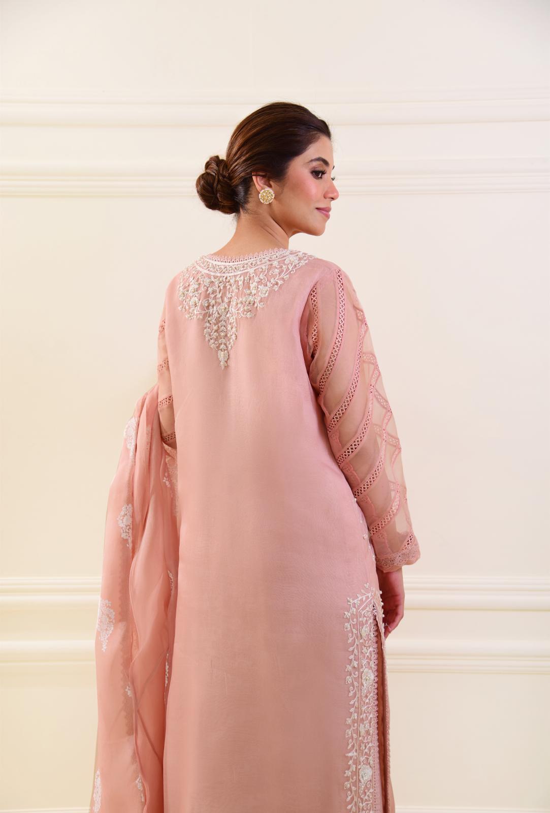 Pakistani Tea Pink Embroidered Pure Organza 3-Piece Suit - Image 3