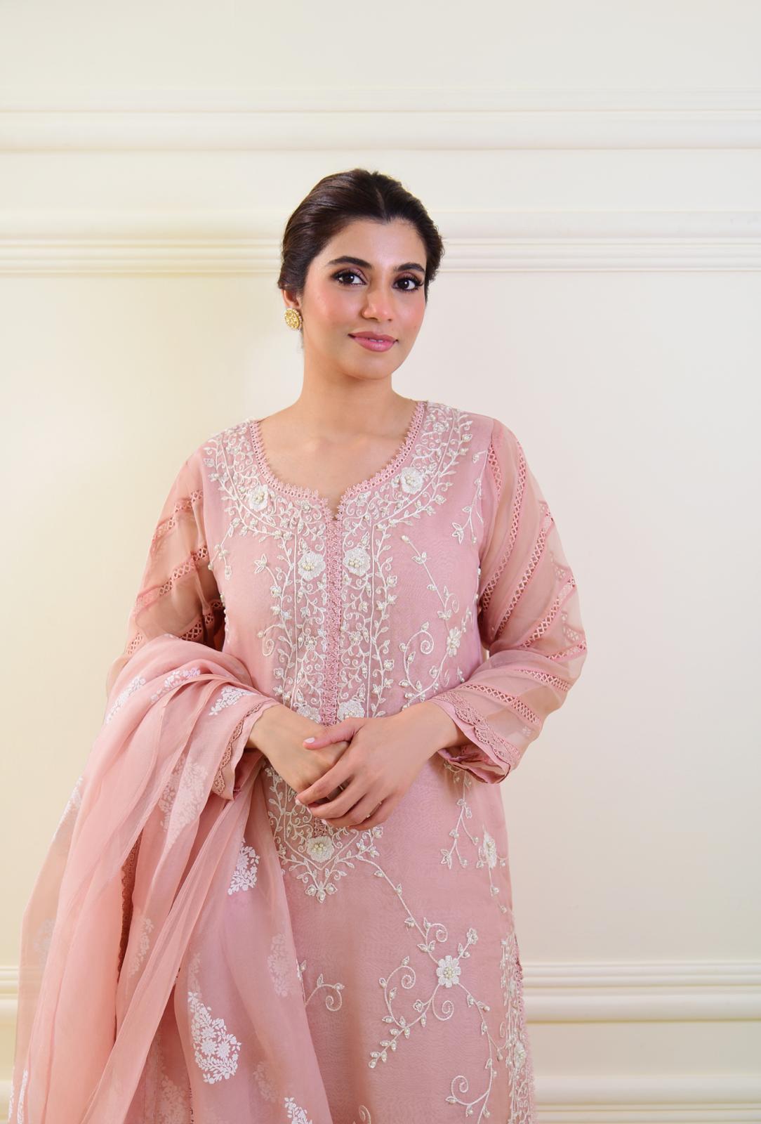 Pakistani Tea Pink Embroidered Pure Organza 3-Piece Suit - Image 4