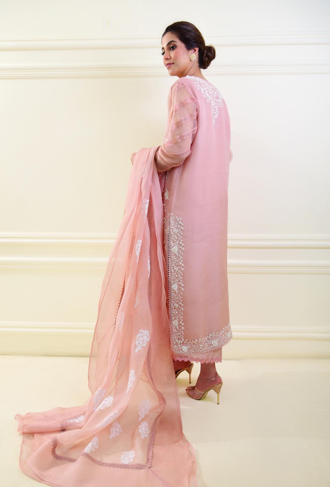 Pakistani Tea Pink Embroidered Pure Organza 3-Piece Suit - Image 5