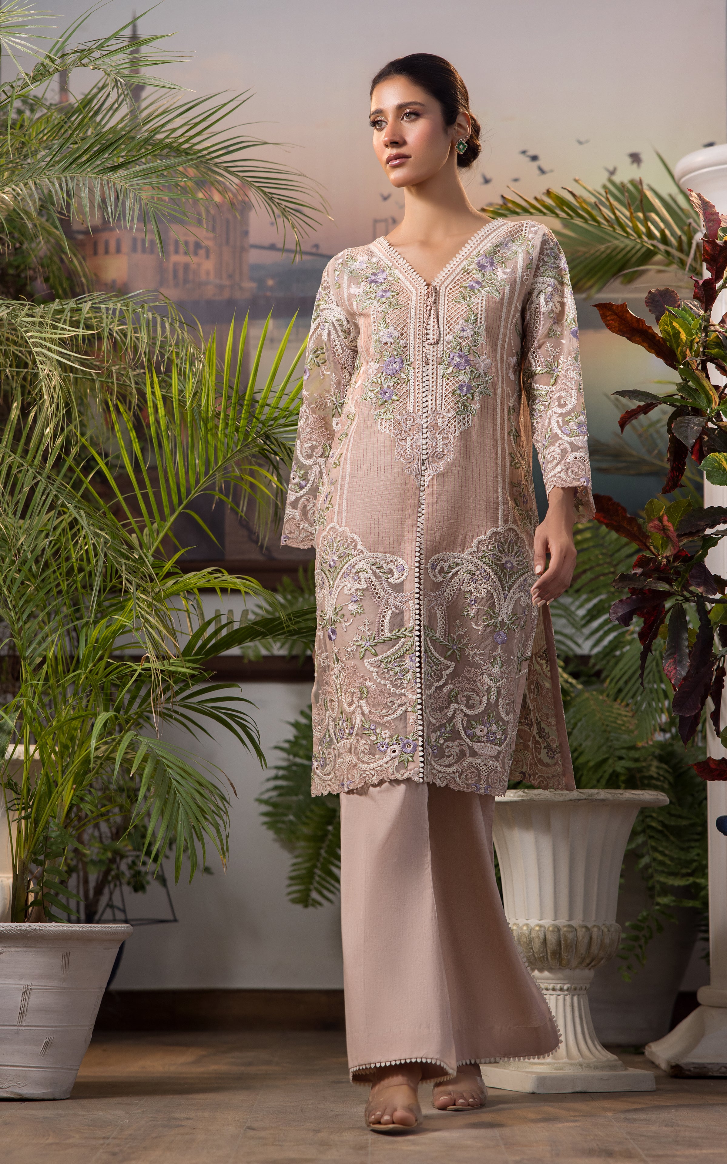 Pakistani Soft Blush Embroidered Organza Salwar Kameez (2-Piece) - Image 1