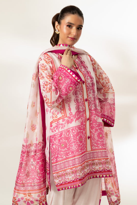 Pink Embroidered Paper Cotton Salwar Kameez (3-Piece) - Image 1