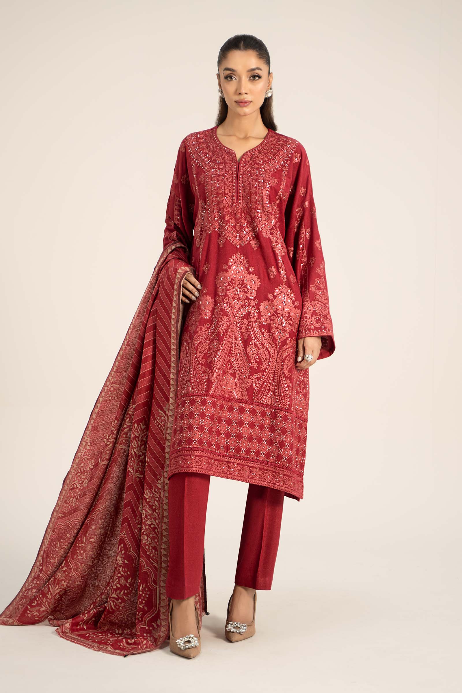 Deep Pink Embroidered Pashmina Wool 3-Piece Suit - Image 1