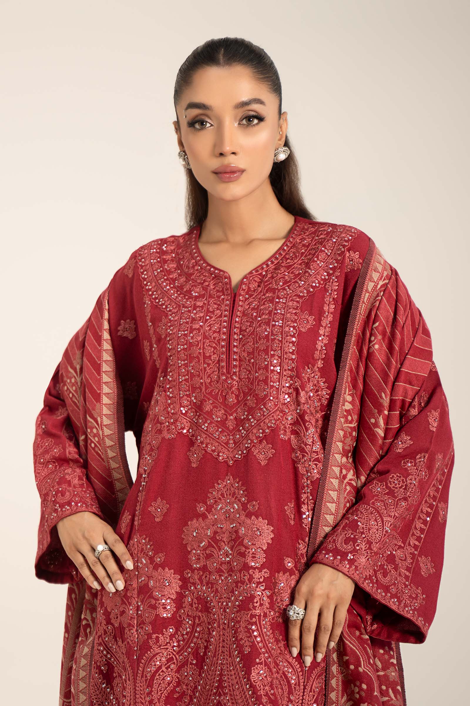 Deep Pink Embroidered Pashmina Wool 3-Piece Suit - Image 2