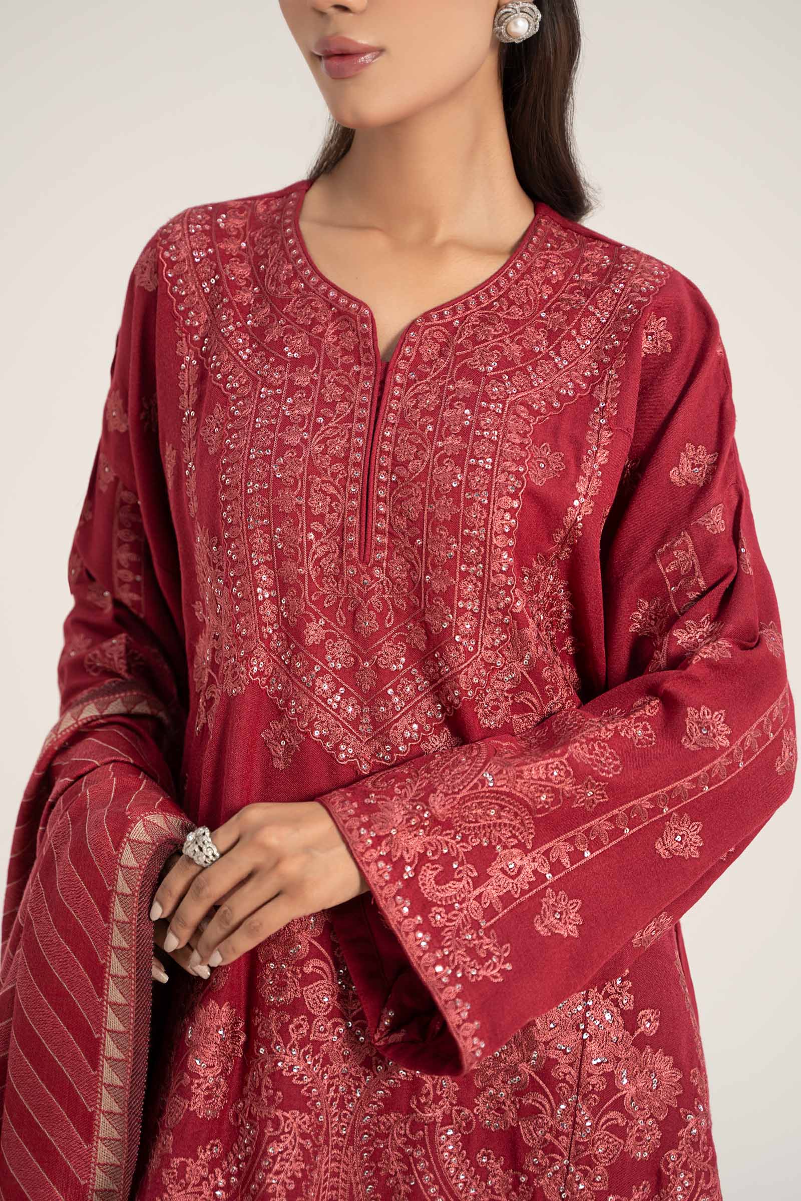 Deep Pink Embroidered Pashmina Wool 3-Piece Suit - Image 4