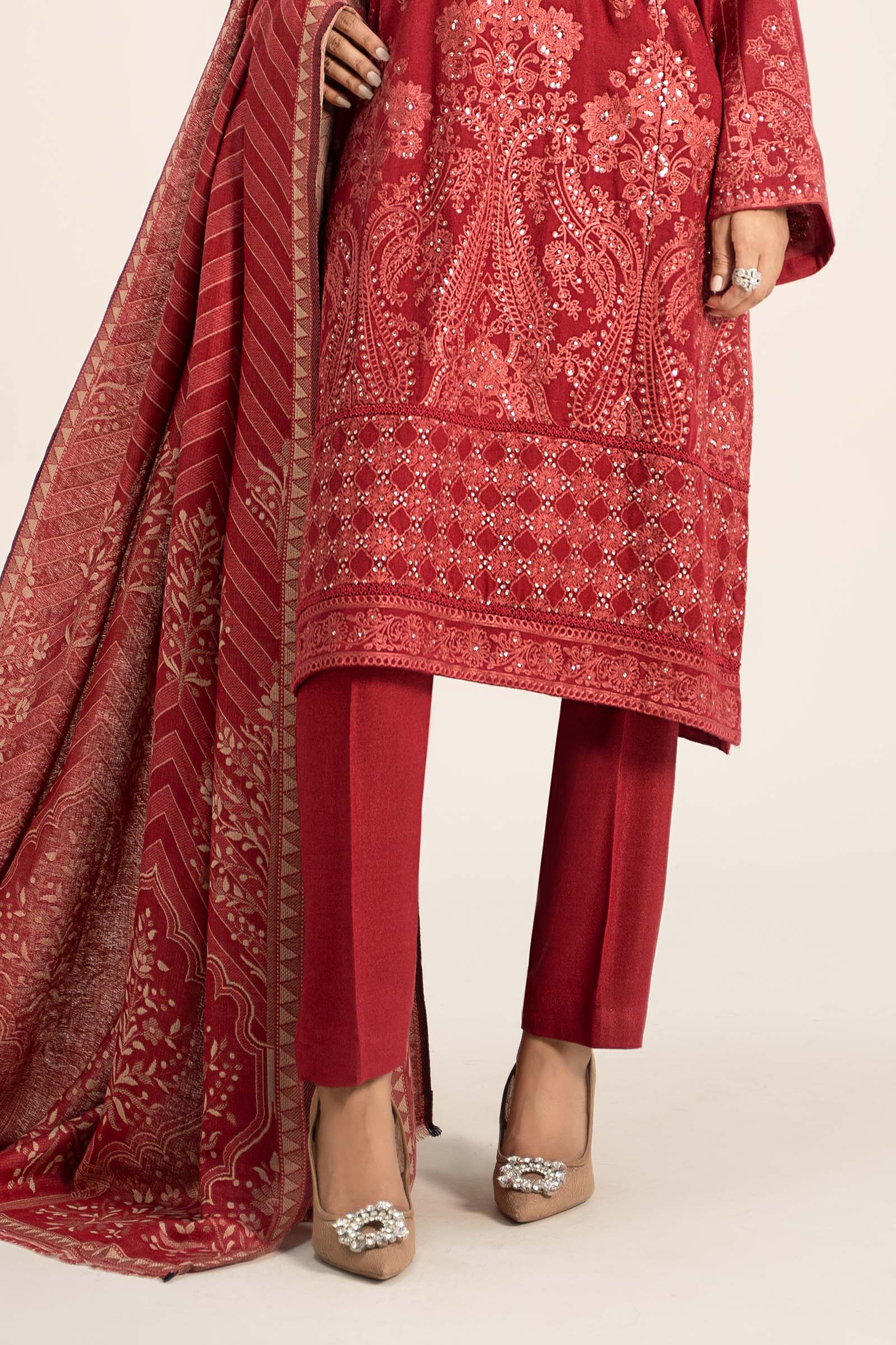 Deep Pink Embroidered Pashmina Wool 3-Piece Suit - Image 5