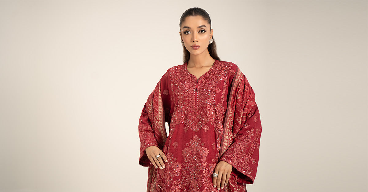 Deep Pink Embroidered Pashmina Wool 3-Piece Suit - Image 7
