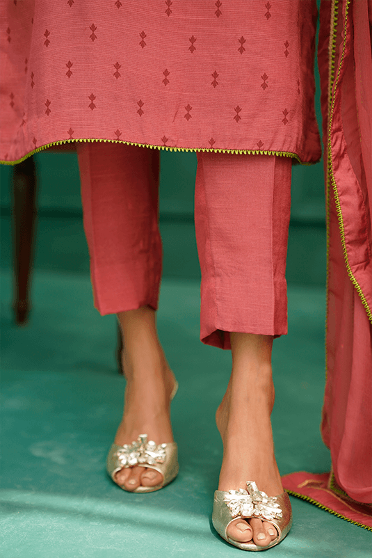 Pakistani Dusty Pink Embroidered PK Raw Silk Salwar Kameez (3-Piece) - Image 1