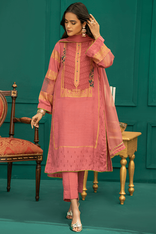 Pakistani Dusty Pink Embroidered PK Raw Silk Salwar Kameez (3-Piece) - Image 2