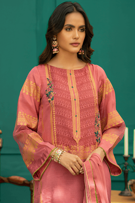 Pakistani Dusty Pink Embroidered PK Raw Silk Salwar Kameez (3-Piece) - Image 3