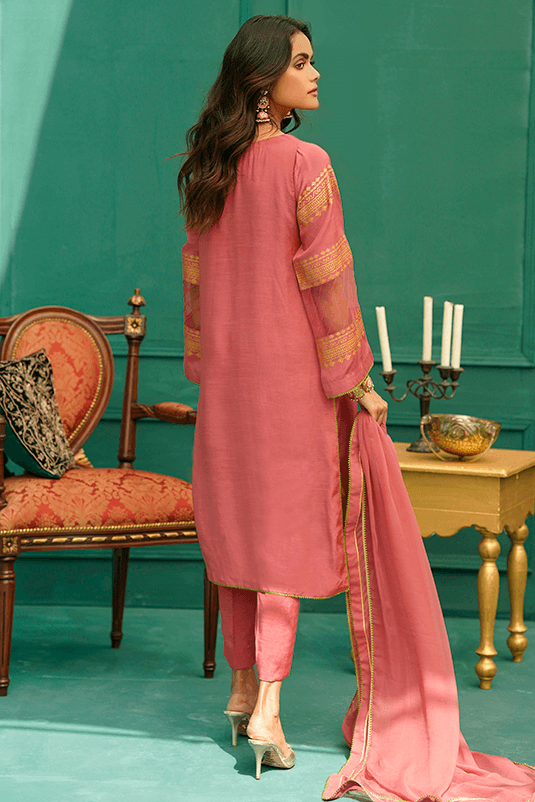 Pakistani Dusty Pink Embroidered PK Raw Silk Salwar Kameez (3-Piece) - Image 4