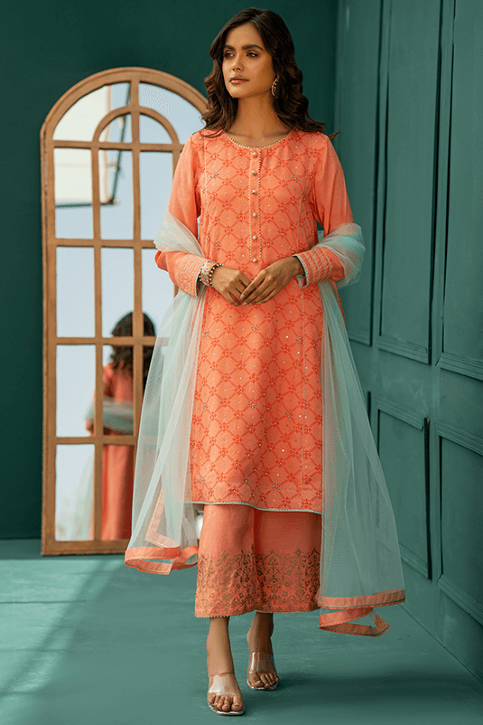 Pakistani Coral Pink Screen-Printed PK Raw Silk Salwar Kameez (3-Piece) - Image 2