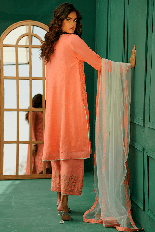 Pakistani Coral Pink Screen-Printed PK Raw Silk Salwar Kameez (3-Piece) - Image 3