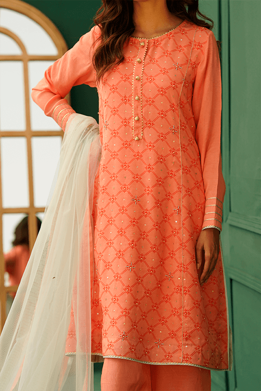 Pakistani Coral Pink Screen-Printed PK Raw Silk Salwar Kameez (3-Piece) - Image 4