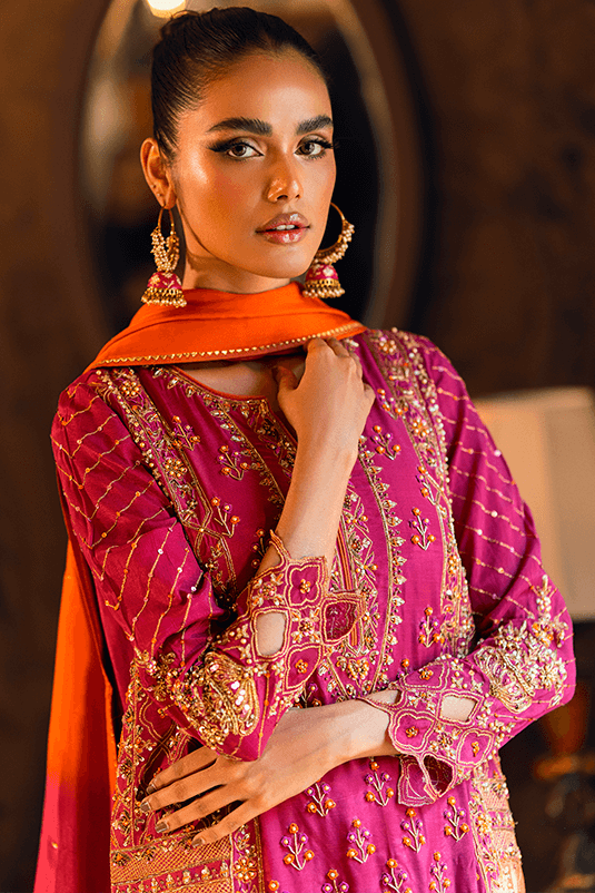 Pakistani Magenta & Orange Zardozi PK Raw Silk Kurta Set (3-Piece) - Image 1