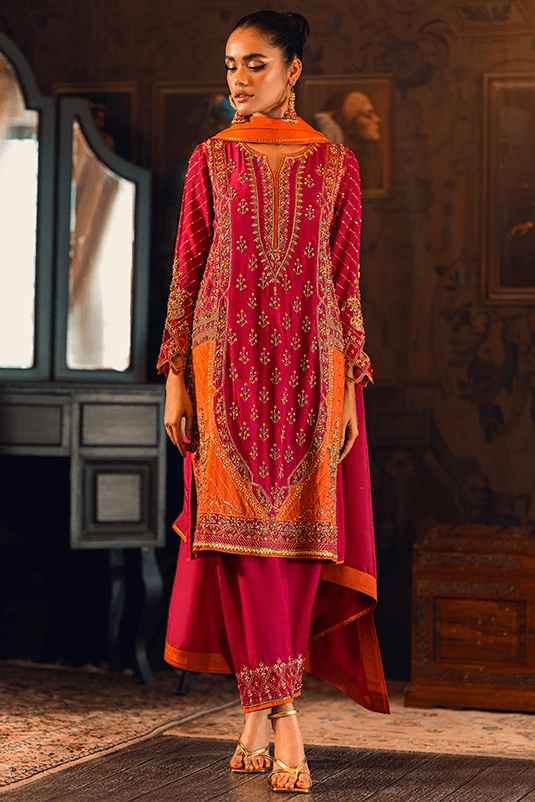 Pakistani Magenta & Orange Zardozi PK Raw Silk Kurta Set (3-Piece) - Image 2