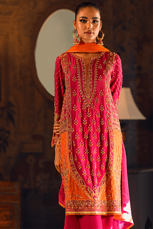 Pakistani Magenta & Orange Zardozi PK Raw Silk Kurta Set (3-Piece) - Image 3